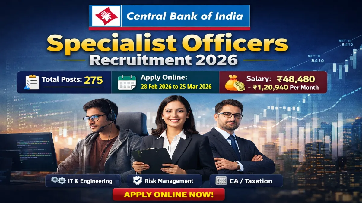 Central Bank of India Recruitment 2026 – Apply Online 275 Specialist Officers Posts 3 Central Bank of India SO Recruitment 2026