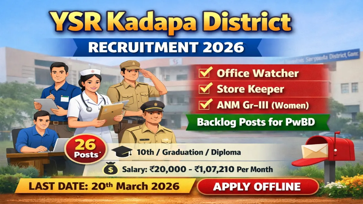 YSR Kadapa District Recruitment 2026 – Apply Online 26 JTO, Watcher, Store Keeper Posts 3 YSR Kadapa District Recruitment 2026